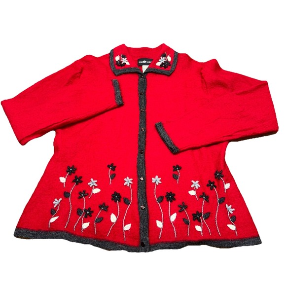 Sag Harbor Red Floral Embroidered Wool Blend Button Cardigan Vintage Women's L - Picture 1 of 8